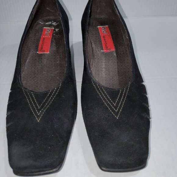 Black Suede Pump w/ Gold Trim, Block Heel, and Square Toe - Picture 6 of 12